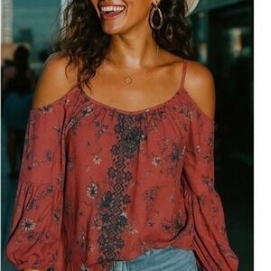 Xhilaration Womens Y2K Top Blouse Small Flowy Lace Boho Festival Country Western
